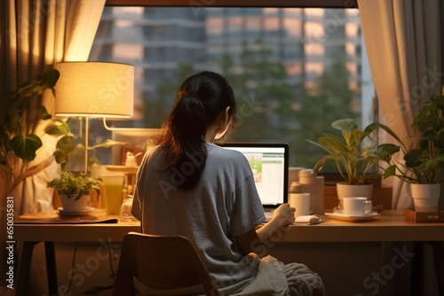 Asian woman working on laptop in the morning at home. Working from home concept.