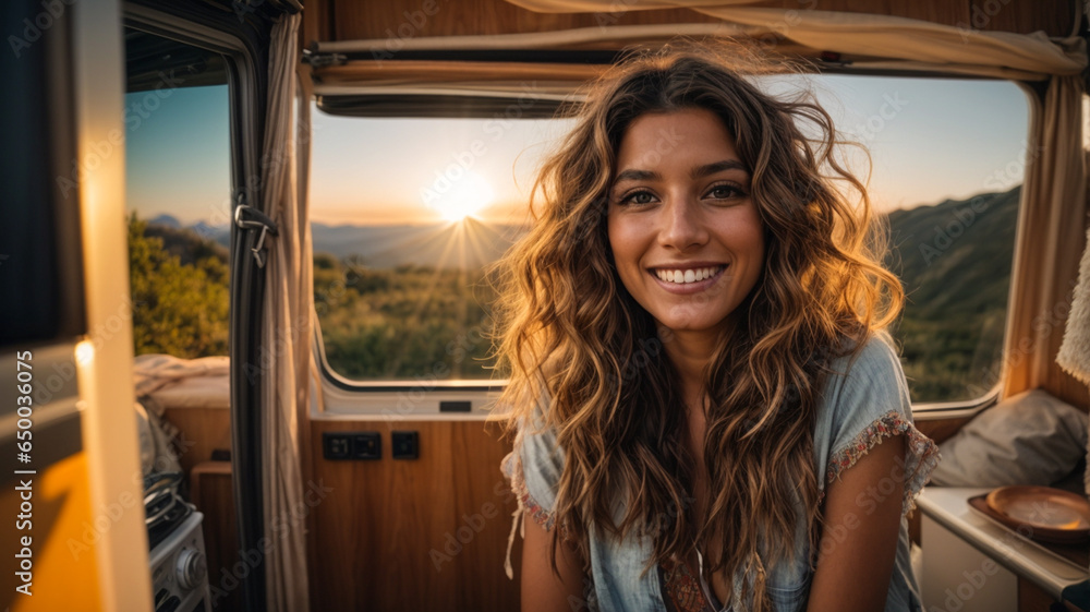 A young woman, who enjoys the freedom and adventure of van life, embodies the spirit of the nomadic life in her recreational vehicle and is always on the move. A young woman, who enjoys the freedom and adventure of van life, embodies the spirit of the nomadic life in her recreational vehicle and is always on the move.