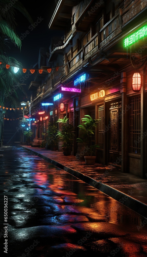  a city street at night with lights on and palm trees.  generative ai