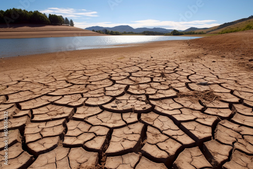 Drie and brittle earth with dried up lake in background. Global warming and water scarcity concept. photo