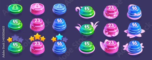 Candy game ui level indicator to select star icon cartoon design. Complete button option and lock jelly glossy button collection. Press different sweets number clipart kit for mobile videogame photo