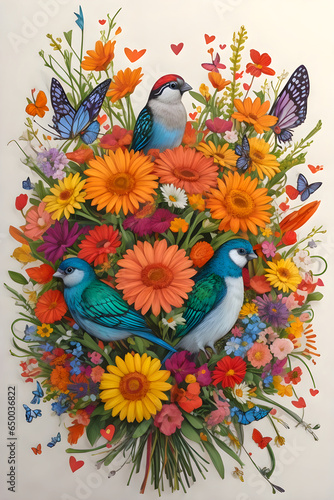 bouquet with flowers butterflies and colorful birds