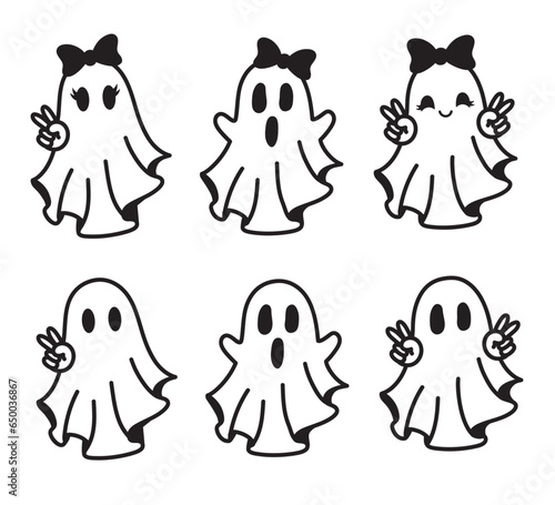 Cute Halloween sheet ghosts with peace hand sign vector illustration. Funny boy and girl ghosts with bow.