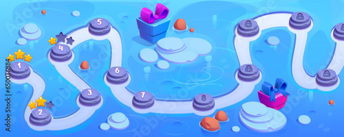 Winter land map for game level interface. Vector cartoon illustration of ice landscape with indicator buttons on road, lock and golden star icons, gift boxes, fantasy background for treasure adventure