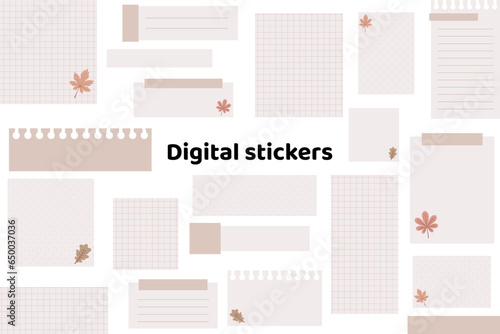 Blank fall digital stickers. Digital note papers and stickers for bullet journaling or planning. Digital planner stickers. Vector art.