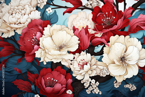 Fototapeta Naklejka Na Ścianę i Meble -  ビンテージ風の華やかな牡丹の花の壁紙