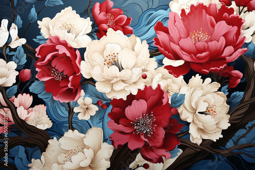 Fototapeta Naklejka Na Ścianę i Meble -  ビンテージ風の華やかな牡丹の花の壁紙