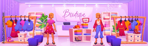 Fashion shop with purple interior vector design. Wardrobe store boutique in mall with woman mannequin and clothes on shelf. Apparel commercial showroom with counter and monitor cartoon background.