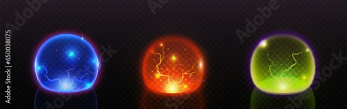 Magic energy balls with lightning bolt inside isolated on transparent background. Vector realistic illustration set of blue, orange, green fortunetelling globes, neon glowing electricity dischage