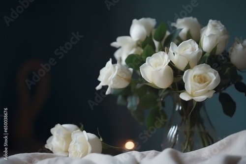 Floral arrangement of fake white roses with soft focus and empty space. Generative AI