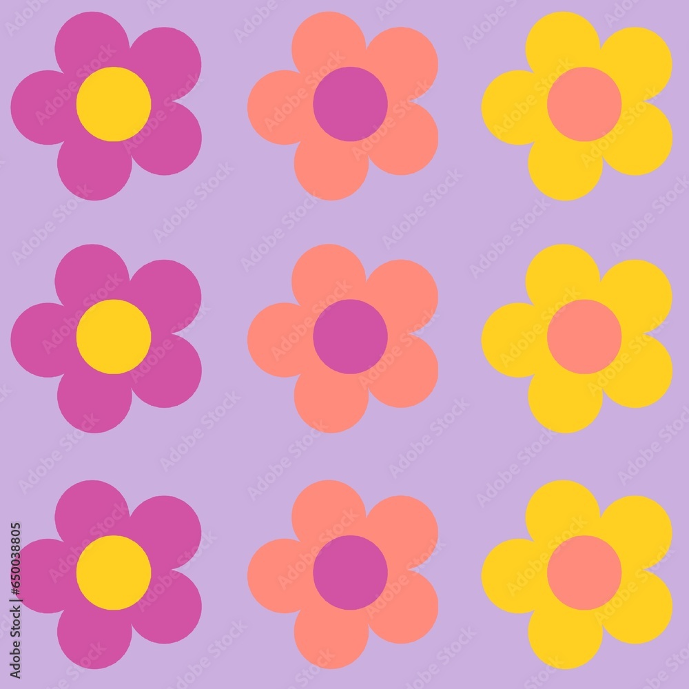 Seamless pattern with cute kawaii bib flowers in purple background Seamless pattern with cute kawaii bib flowers in purple background