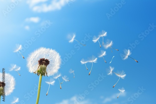 Dandelion seeds floating against clear blue sky. Generative AI