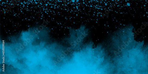 Blue explosion glowing dust on a black horizontal background. Backlight from below and from above. Template for the project. Sparkle dots, round tinsel elements celebration backdrop graphic design 