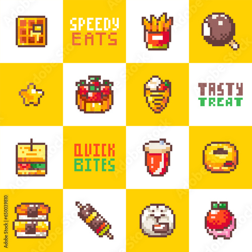 Seamless Pattern Background with Cute Street Fast Food. Pixel art Waffle, Potato, french fries, Ice cream, Cream Pancake, Sushi. 8bit Design for Decorative Designs.