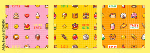 Retro Pixel Seamless Food Pattern Set Inspired by 80s-90s Arcade Game. Tasty Pixel Art Sushi, Cakes, Ice Cream, Fries, Tart, Waffle. Background for Snacks, Cafes and Street Food Wrapping Paper.
