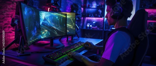 a handsome gamer guy gaming on his pc computer console with keyboard mouse and headphones in front of multiple monitor. sitting on a chair in his gaming room with rgb led lights. Generative AI