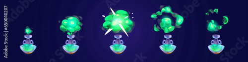 Laboratory potion bottle animation cartoon game icon. Chemical witch flask explosion isolated ui set. Sequence sprite design of alchemy fluid antidote evaporation. Medication toxic jar smoke assets
