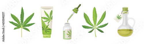 Cannabis Plant Green Leaf and Marijuana Product Vector Set