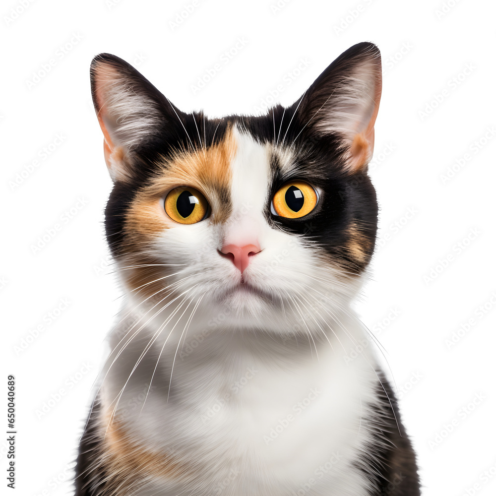 front view close up of calico American Shorthair cat isolated on a white transparent background