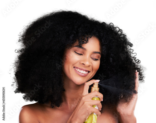 Happy, woman and curly hairspray for beauty isolated on a transparent png background. African person, smile and oil for hair care, natural cosmetics product and salon treatment for healthy growth