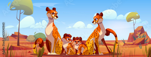 Cheetah family in Africa cartoon vector background. Savannah landscape with leopard animal sitting near baby cat scene. Tropical exotic zoo character panorama drawing. Gepard mother and father