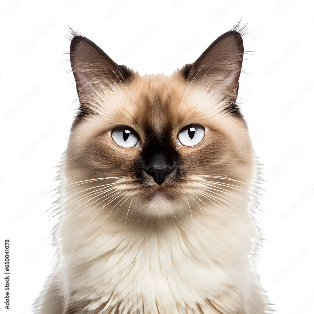 front view close up of hazel-eyed Balinese cat isolated on a white transparent background
