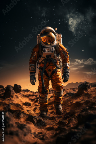 An astronaut in a spacesuit walking on the barren surface of Mars, with the iconic red landscape stretching out in the background.