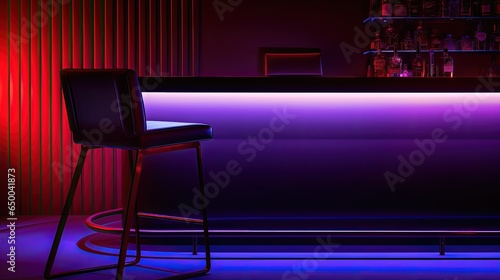 purple chair in a bar with violet light black and red, luminous