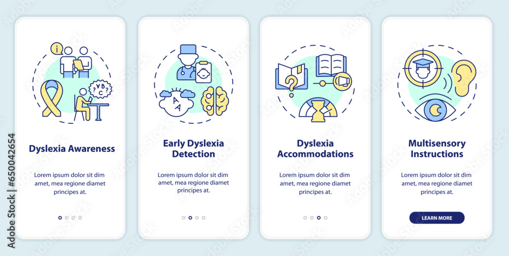 2D icons representing dyslexia mobile app screen set. Walkthrough 4 steps multicolor graphic instructions with linear icons concept, UI, UX, GUI template.