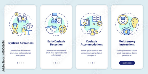 2D icons representing dyslexia mobile app screen set. Walkthrough 4 steps multicolor graphic instructions with linear icons concept, UI, UX, GUI template. © bsd studio