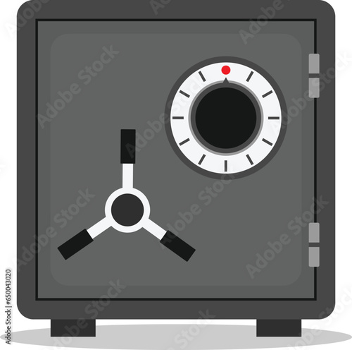 Bank safe box. Closed safe box isolated on white background. Concept of saving cash and protecting money. Vector flat image.