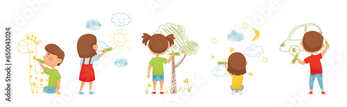 Children Drawing on Wall with Colorful Crayons Vector Illustration Set