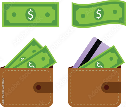 Green bills and a brown wallet. Money dollar bills wallet flat design isolated icon vector money sign vector. a wallet with a flat money symbol.