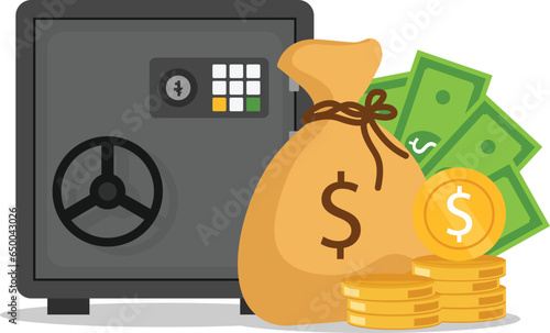 Bank safe box and coins, moneys. Closed safe isolated on white background. Concept of saving cash and protecting money. Vector flat image.