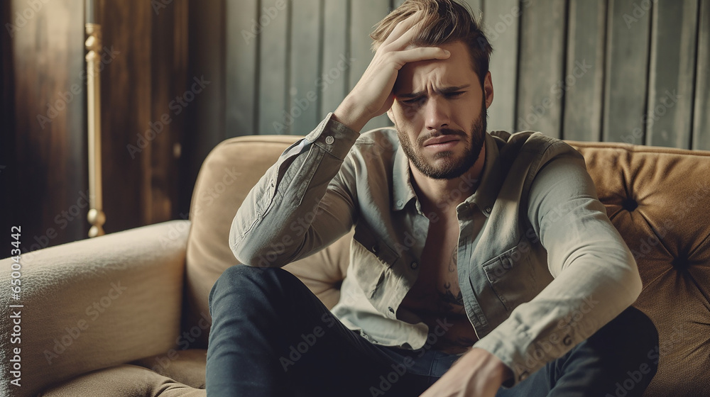 Fototapeta premium Sad unhappy handsome man sitting on the sofa and holding his forehead while having headache