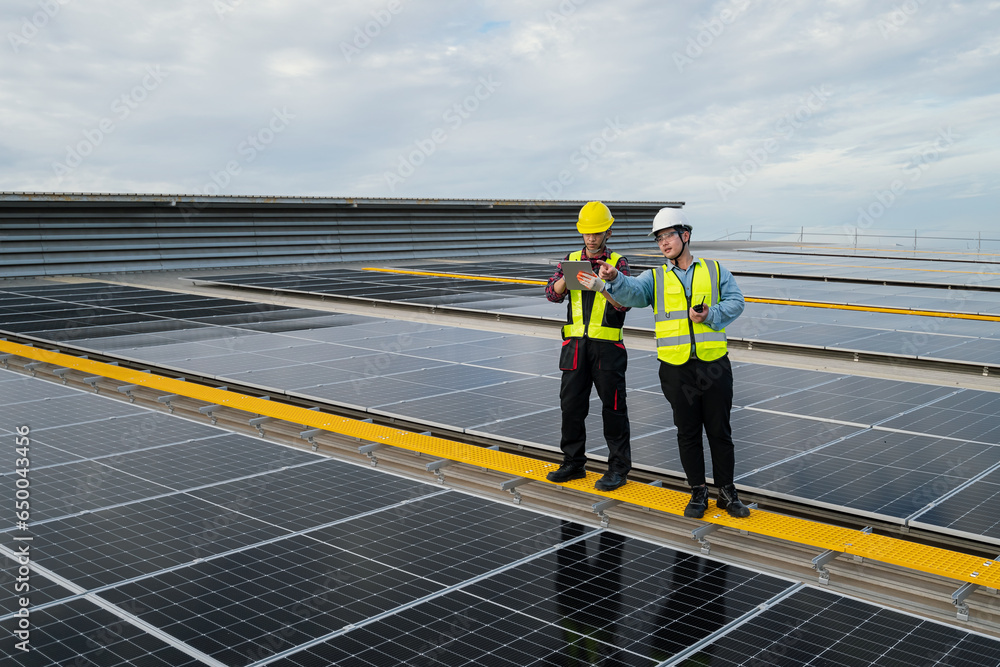 engineer maintenance solar panel, engineering service and check solar cell installing rooftop. Photovoltaic installing buildings in factory. engineer, electrician check system solar energy on rooftop. engineer maintenance solar panel, engineering service and check solar cell installing rooftop. Photovoltaic installing buildings in factory. engineer, electrician check system solar energy on rooftop.