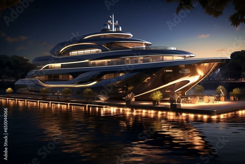 An extravagant yacht showcasing opulence and elegance in a realistic 3D rendering. Generative AI © Evelina