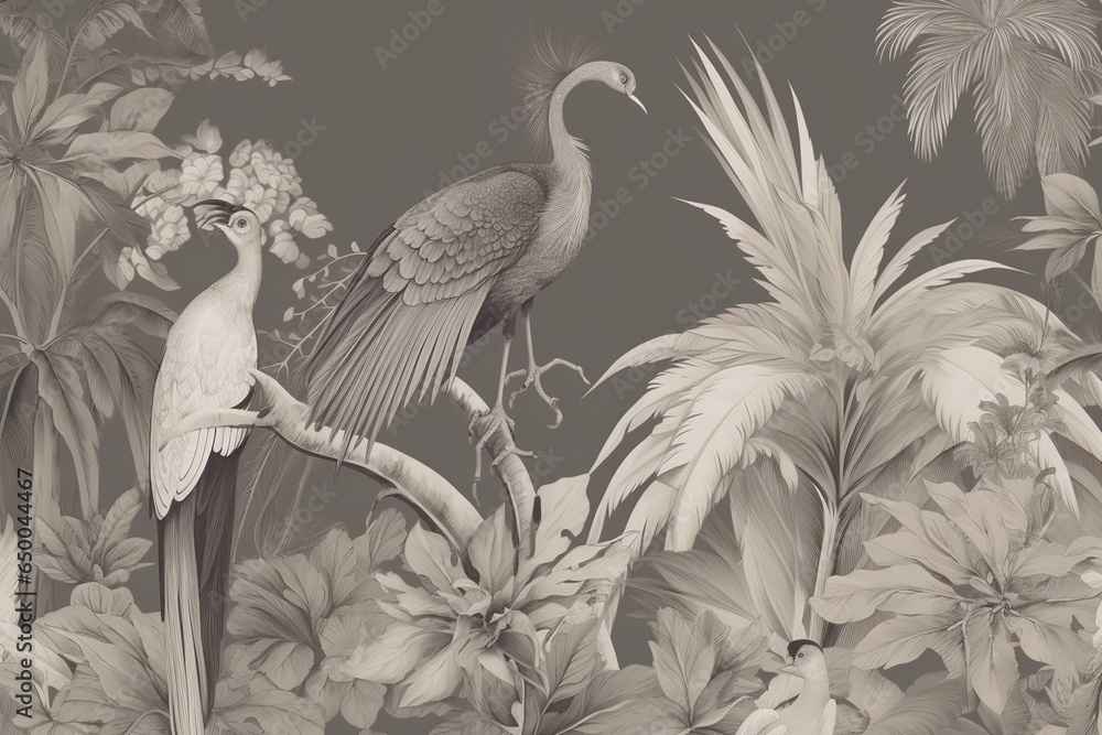 Vintage wallpaper with tropical palm trees, birds, peacocks on a grey background. Generative AI