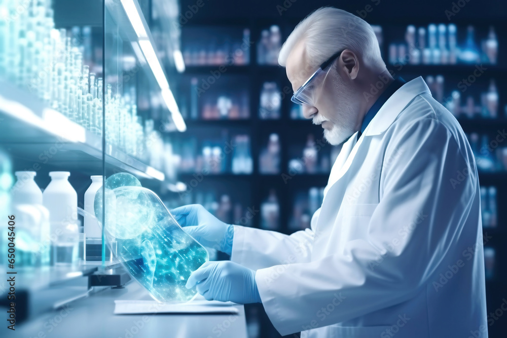 Photo of a scientist analyzing data on a computer in a laboratory Photo of a scientist analyzing data on a computer in a laboratory