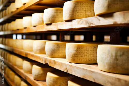 A large production room filled with many racks and shelves with different types of cheese. The cheese matures in a special room at the factory. Cheese production and storage.