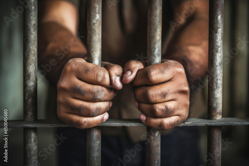 The male prisoner grabbed the prison bars with his hands. The pain and suffering of the prisoner. The inevitability of a judicial verdict. Hopelessness. The punishment of the criminal.