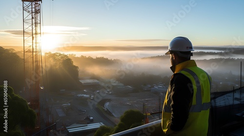 a construction foreman overlooking a sprawling site from a crane, in morning haze. Concept of industrial workforce in modern construction industry. generative AI