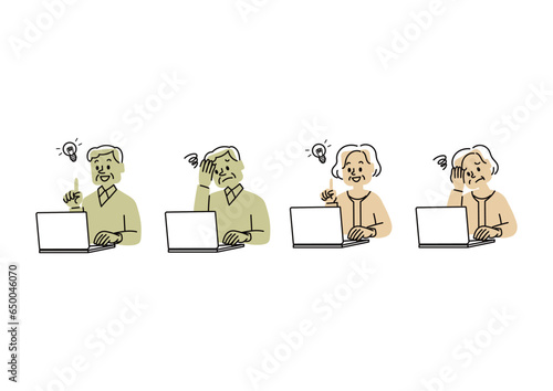 ノートパソコンを使用しているシニアのイラストセット