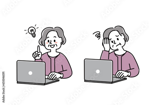 ノートパソコンを使用している高齢女性のイラストセット