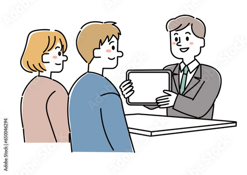 男性社員の説明を聞く若い男性と女性のイラストセット