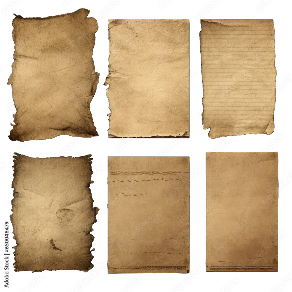 Old worn paper sheet group isolated on transparent background 
