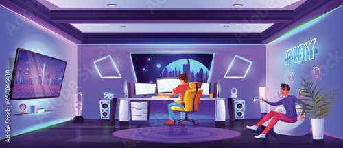 Game and stream room interior with two male players. Cartoon vector of home setup with glowing neon decoration for playing videogames. Men sit at computer, and on beanbag chair with joystick.