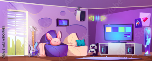 Living room for game on tv cartoon vector background. Gamer lounge interior with screen, armchair, console, joystick for playing setup. Play esport in apartment livingroom with purple wall design