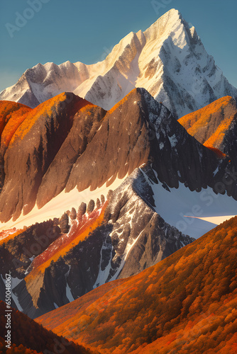 Majestic Mountains in Autumn, peaks dusted with early snow, with the fiery colors of autumn. Ai generative © Big