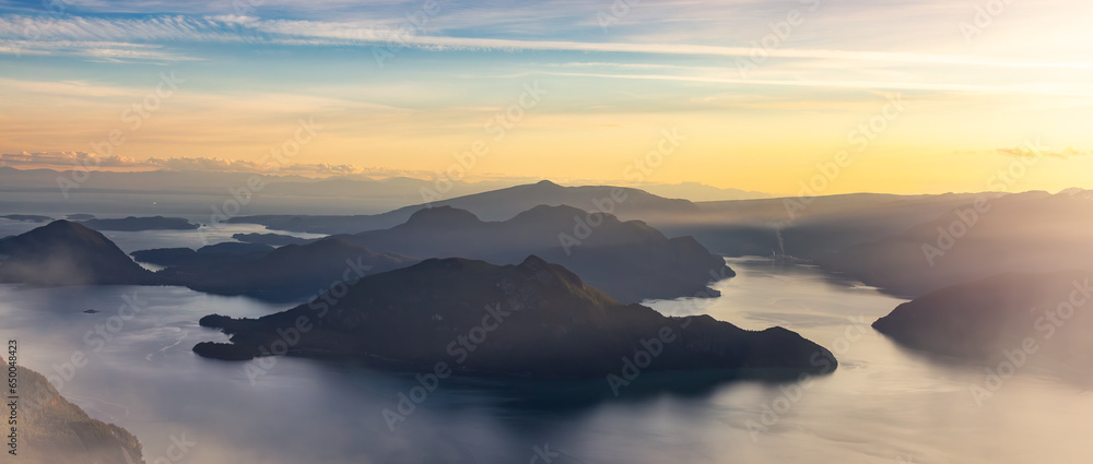 Mountains and Islands on the West Coast of Pacific Ocean. Canadian Nature Landscape. BC, Canada. Aerial